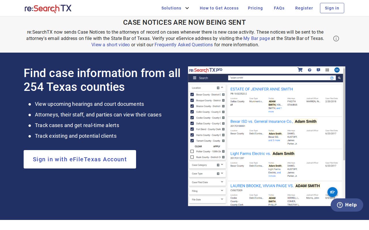Schleicher County case search re:SearchTX access screen